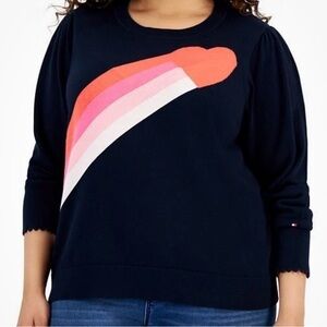 Tommy Hilfiger Plus Size Navy Blue Sweater with Heart Puff Sleeve Size: 1X